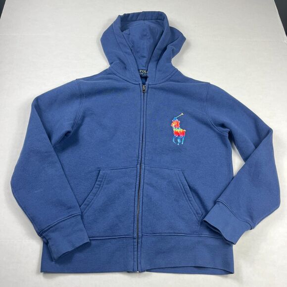 Polo Ralph Lauren Kids Zip Hoodie M Blue Fleece Tie Dye Logo Zip Up Streetwear - Picture 1 of 11